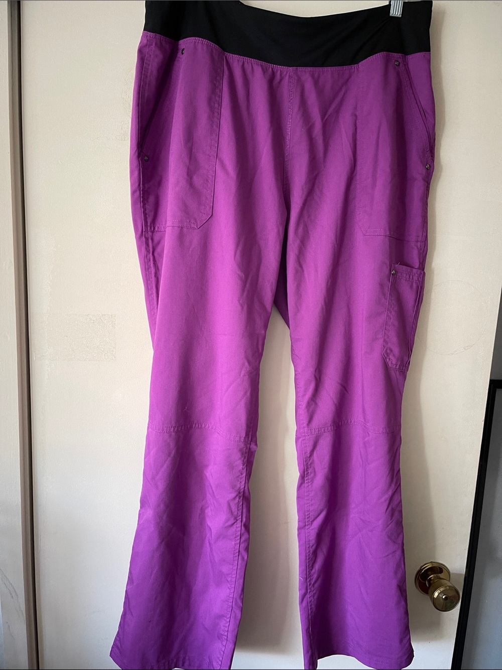healing hands Purple Boot Cut Scrub Pants with Black Waistband